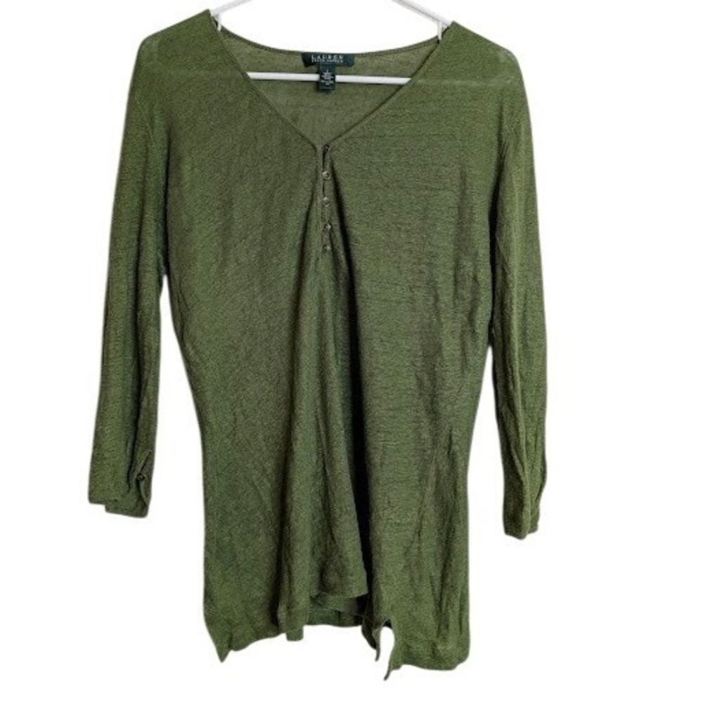 Lauren Ralph Lauren Womens‎ Size Large 100% Linen Green Beach Henley 3/4 Sleeve